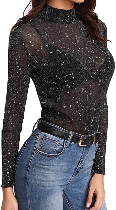 Women's Long Sleeve Short Sleeve Glitter Sheer Mesh Tops T Shirt Blouse Clubwear