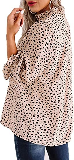 Women's Leopard Printed Ruffle Hem Long Sleeve Mock Neck Blouses Top
