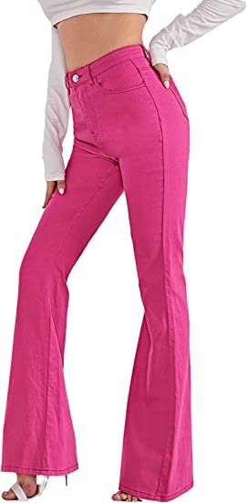 Women's Casual Denim Pants Heart Print High Waist Stretchy Bell Bottom Flared Jeans