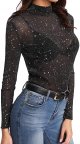 Women's Long Sleeve Short Sleeve Glitter Sheer Mesh Tops T Shirt Blouse Clubwear