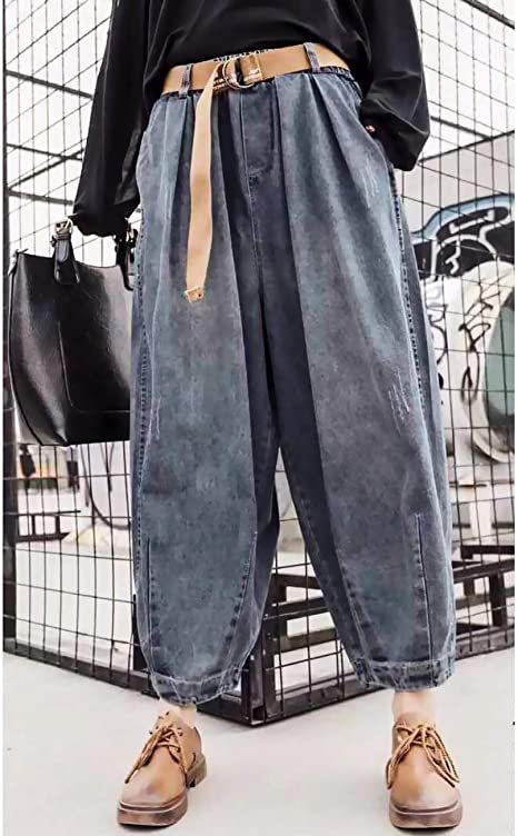 Women Casual Loose Cropped Pants Denim Bloomers Elastic Waist with Pockets