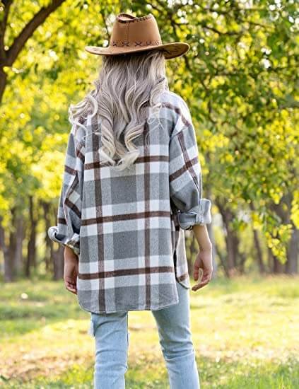 Womens Casual Wool Blend Plaid Flannel Shackets Jacket Button Down Shirt Coat