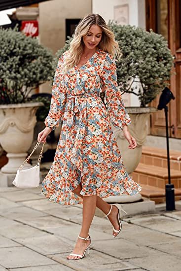 Women's Floral Print Boho Dress Long Sleeve Wrap V Neck Ruffle Belted A-Line Flowy Maxi Dresses