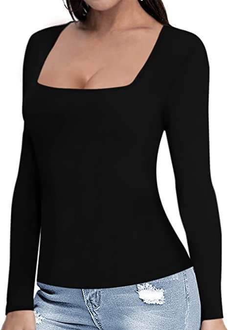 Womens Short Sleeve/Long Sleeve Square Neck T Shirts Tops Tees