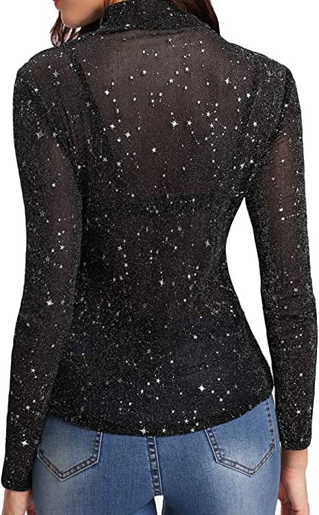 Women's Long Sleeve Short Sleeve Glitter Sheer Mesh Tops T Shirt Blouse Clubwear