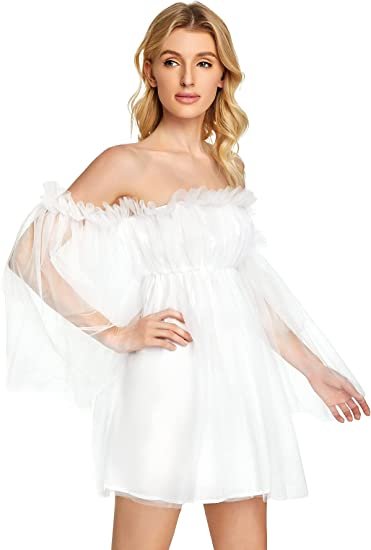 Women's Romantic Off Shoulder Flounce Long Sleeve Wedding Ruffle Mesh Party Mini Dress