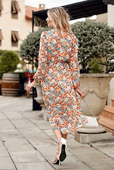 Women's Floral Print Boho Dress Long Sleeve Wrap V Neck Ruffle Belted A-Line Flowy Maxi Dresses