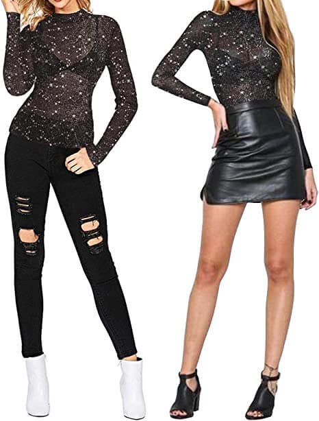 Women's Long Sleeve Short Sleeve Glitter Sheer Mesh Tops T Shirt Blouse Clubwear