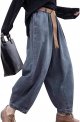 Women Casual Loose Cropped Pants Denim Bloomers Elastic Waist with Pockets