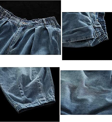 Women Casual Loose Cropped Pants Denim Bloomers Elastic Waist with Pockets