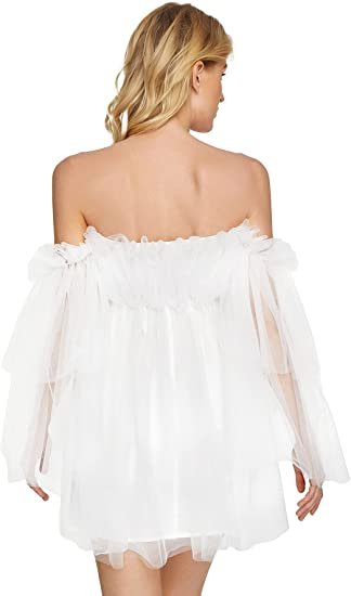 Women's Romantic Off Shoulder Flounce Long Sleeve Wedding Ruffle Mesh Party Mini Dress